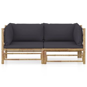 Conjunto De Muebles De Jardín 2 Uds | Mesa Y Sillas Bambú Y Cojines Gris Oscuro