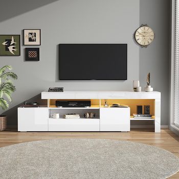 Sweiko Mueble Tv 192x37x53 Cm 3armarios Led Brillante Compatible 85 Pulgadas Blanco