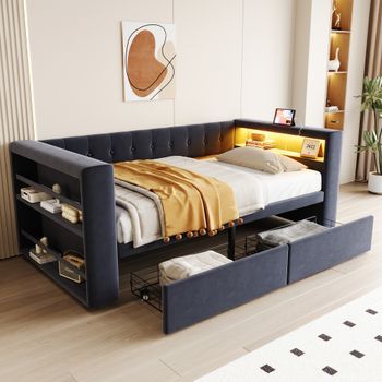 Cama Tapizada 90x190 Cm Con 2 Cajones Y Baldas De Almacenaje - Tejido Franela - Leds - Gris Oscuro (sin Colchón)