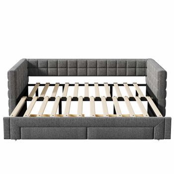 Sofá Cama, 90x200cm - Sofá Cama Con Respaldo Cuadrado, Cama Extensible (hasta 180 Queen Size), 2 Cajones, Sin Colchón - Gris
