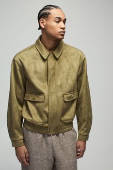 Chaqueta Harrington Recta De Ante Sintético Con Bolsillos Utilitarios, Verde