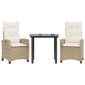 Conjunto Comedor Jardin 3 Uds | Mueble Jardin Mesa Y Sillas Con Cojines Ratán Sintético Beige