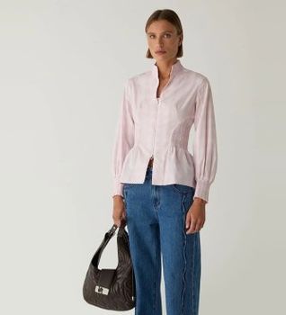 LAAGAM para mujer. M2330 Blusa de cuadros con cremallera rosa (S), Casual, Algodón, Manga larga