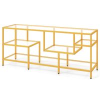 costway soporte para tv hasta 65 mesa de tv rectangular de 147 cm con estantes de vidrio templado centro de entretenimiento para salon dorado