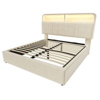 cama de terciopelo beige 140 x 190 cm con canape cabecero regulable led y usb-c