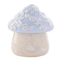 disney - alicia en el pais de las maravillas - caja de ceramica azul y beige con licencia oficial - sombrerero loco tweedle dum  dee conejo blanco reina de corazones y alicia 10 x 10 x 11 cm