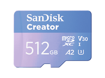 Tarjeta Micro SDXC - Sandisk Creator microSD UHS-I 512 GB, con adaptador, Hasta 190 MB/s, 4K y 5.3K, V30, A2, Azul