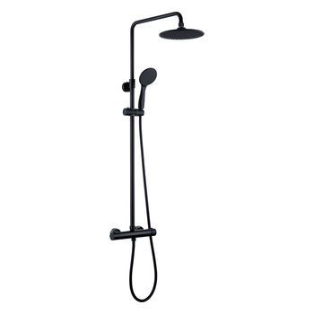 Kibath Columna De Ducha Round Termostático | Altura Regulable 83-120 Cm | Latón Macizo Negro Mate | Diseño Redondo Con Rociador Efecto Lluvia Y Alcachofa | Ideal Techos Altos