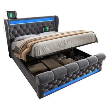 Cama Tapizada Doble 160x200 Con Luces Led Y Puertos Usb/tipo C, Terciopelo Gris