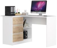 escritorio esquinero akord b16 blanco 124 cm izquierda 3 cajones color roble sonoma mate 2 estantes 124x85x77 cm