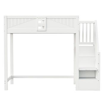 Cama Alta Madera Maciza 90 X 200 Cm - Puerta De Seguridad Con Ventana, Escalera Lateral Con Estantes Intercambiable - Blanco