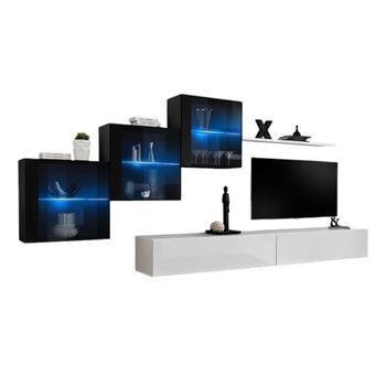 Conjunto De Muebles De Salón Switch Xx – Blanco Y Negro Brillante – Mueble Para Tv Y Almacenajes Colgantes De Diseño