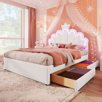 Cama Infantil Tapizada 140 X 200 Cm Con Corona, Luces Led Y Dos Cajones
