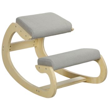 HOMCOM Silla ergonómica con apoyo para rodillas y reclinable, en tejido efecto lino y madera, 55x85x55 cm, Gris claro   Aosom España