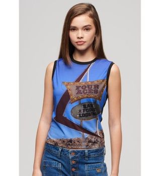 Superdry para mujer. W6011959A Camiseta de tirantes con subestampado negro (XS), Casual, Algodón, Sin mangas / Tirantes