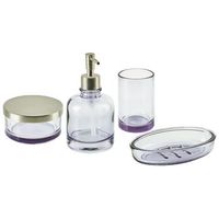 conjunto de 4 accesorios de bano de vidrio violeta plateado dispensador jabonera portacepillos recipiente glamour telma