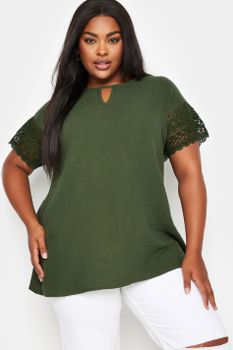 Yours Top Caqui De Estameña De Algodón Con Puntilla En Manga, Mujer Curvy Y Tallas Grandes, Yours
