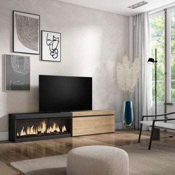 Mueble tv efecto madera roble negro 208x35x45cm chimenea efecto fuego