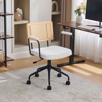 Silla De Escritorio Giratoria Con Ruedas, Respaldo De Ratán Sintético, Marfil