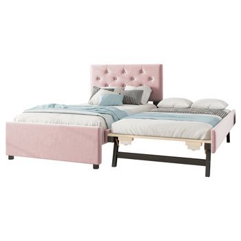 Cama Individual Tapizada 90x200cm Con Listones Y Contenedor Con Rodantes En Rosa