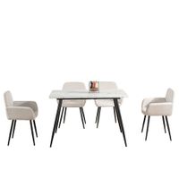 conjunto de mesa efecto marmol blanco y 4 sillas de tela beige