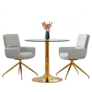 Conjunto De Comedor: Juego De Mesa Redonda De Cristal Y 2 Sillas Giratorias 360°, Mesa De Comedor De 85 Cm De Diámetro, Metal Dorado Y Pu Gris Claro