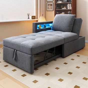 Sofá Cama 3 En 1, De Lino, Respaldo Ajustable, Led, Usb-c, Ideal Para Espacios Pequeños, Gris.