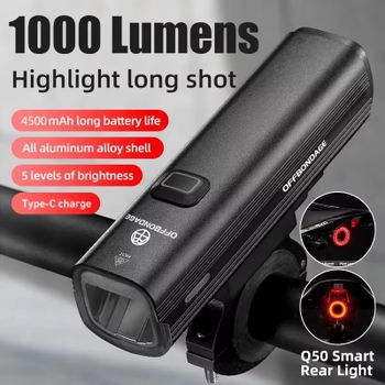 Luz Delantera para Bicicleta OFFBONDAGE de 1000 Lúmenes, Linterna Delantera para Ciclismo, Lámpara de Manillar con Carga USB, Luz de Carretera y Montaña de Alta Intensidad