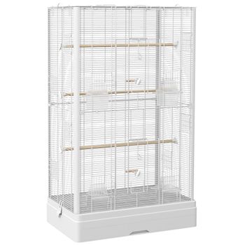 PawHut Jaula para Pájaros 61x36,5x98 cm con 8 Puertas 5 Perchas Bandeja Extraíble y 4 Comederos para Periquitos Pinzones Blanco   Aosom España