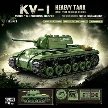 100253 KV‑1 Bloques de construcción de vehículos blindados pesados, kit de modelo de ensamblaje de 1192 piezas con detalles internos, adorno coleccionable para aficionados
