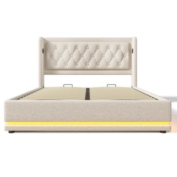 Cama 140x200 Cm Con Somier, Almacenamiento Hidráulico, Led 3 Lados, Usb Tipo-c, Cabecero, Cama Doble, Beige