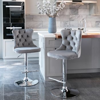 Taburete De Bar - Juego De 2 - Asiento Regulable Y Giratorio - Terciopelo Y Metal - Gris (46x46x115cm)