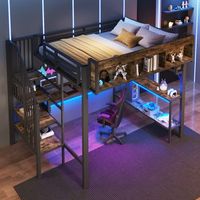 cama alta de 140 x 200 cm con escritorio de esquina estantes panel perforado puertos usbtipo c e iluminacion led - metal y mdf - negro
