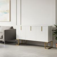 mesa consola blanca con motivos geometricos y patas doradas