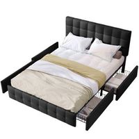 cama con cabecero y 4 cajones - 140 x 200 cm - tejido de lino - negro  colchon