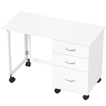 HOMCOM Escritorio Plegable con Ruedas con Freno 3 Cajones y Superficie Abatible Diseño Moderno 107x50x72 cm Blanco Veteado