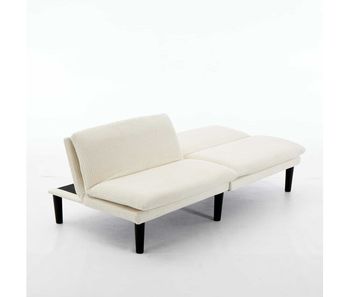 Sofá 2 plazas reclinable 106-140-180° - respaldo ajustable triple, patas redondas de plástico negro, tapizado terciopelo tipo pana, estructura de lamas de madera - beige