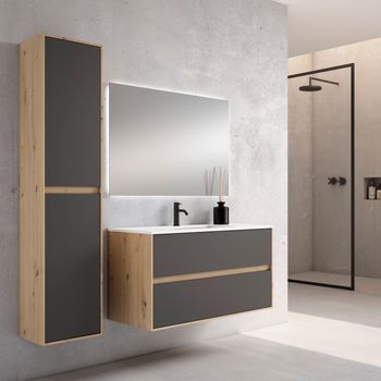 Mueble Mydesign 100 Cm, Estructura Roble Moderno Frontal Antracita Mate. Pack Mueble + Lavabo.