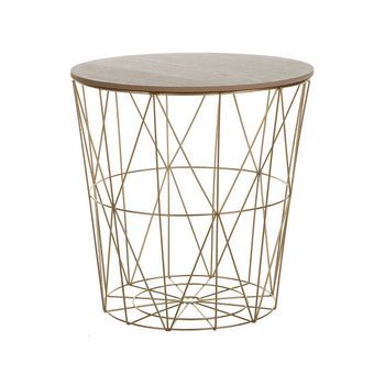 Mesa Auxiliar De Madera Clara Con Tapa Extraíble Almacenamiento Cesta De Alambre De Metal Dorado Lanark