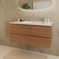 mueble de bano suspendido 100 cm roble dorado - lavabo blanco - con 2 cajones - lomazoo marenza