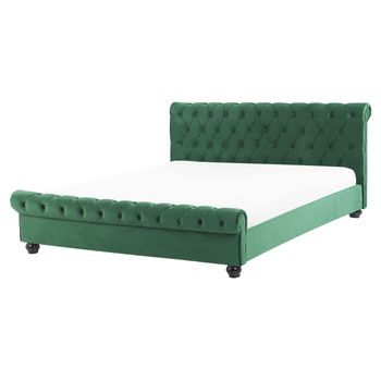 Cama Doble Tapizada En Terciopelo Verde 160 X 200 Cm Con Cabecero Acolchado Estilo Glam Avallon