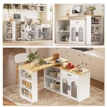 Isla De Cocina Blanca Con Mesa Giratoria De 360 Grados, Cajón Y Estantes