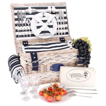 Cesta de picnic de mimbre marine rayas azules para 4 personas