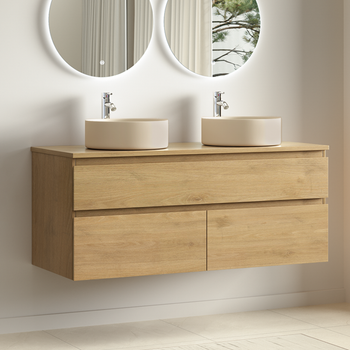 Mueble De Baño Suspendido Con 2 Lavabos Redondos 120 Cm Roble Claro - Lomazoo Alira