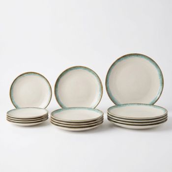 Vajilla Completa 12 Piezas Cerámica Stoneware Verde Para 4 Personas, Vajilla Marin Con Filo Reactivo, Apta