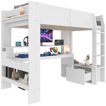 Cama Alta Para Juegos De 90 X 200 Cm Con Escritorio Led, Color Blanco