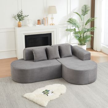 Sofá Moderno En L De Pana, Chaise Longue Curvo, Gris, 220 Cm Y 4 Plazas