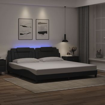 Cama Matrimonial | Cama Para Adultos | Estructura Cama Con Luces Led Cuero Sintético Negro 200x200 Cm Cfw621245