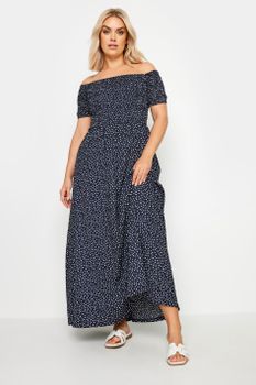 Yours Vestido Largo Bardot Azul Marino Moteado, Mujer Curvy Y Tallas Grandes, Yours