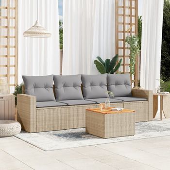 Conjunto De Sofás Jardín Con Cojines 5 Uds | Mueble Jardin Mesa Y Sillas Ratán Sintético Beige Cfw657170
